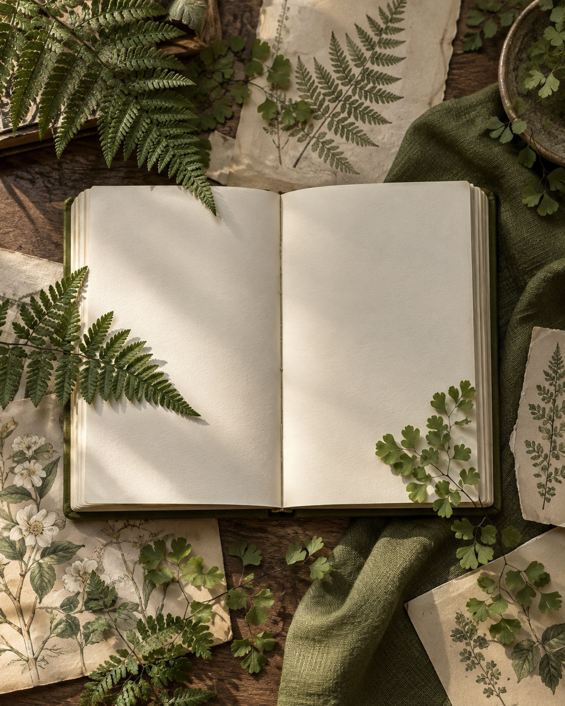 An open journal nestled among realistic ferns, botanical paper, and earthy green linen