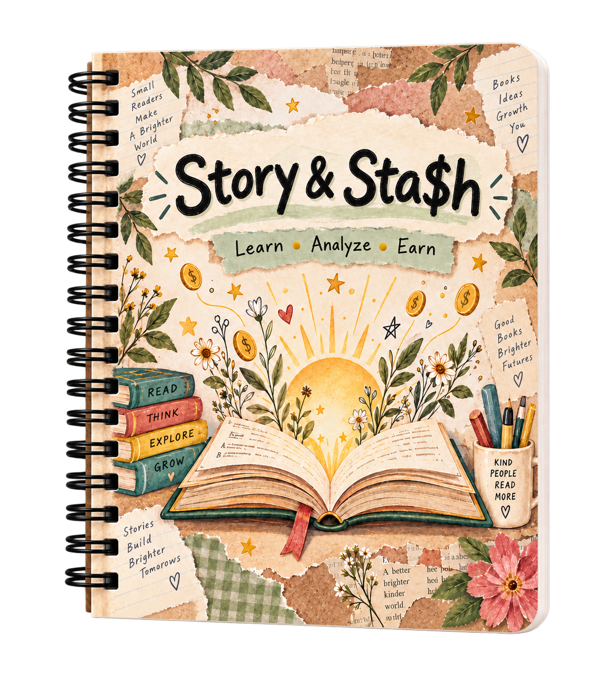 Story & Sta$h spiral notebook with botanical collage cover and an open book illustration